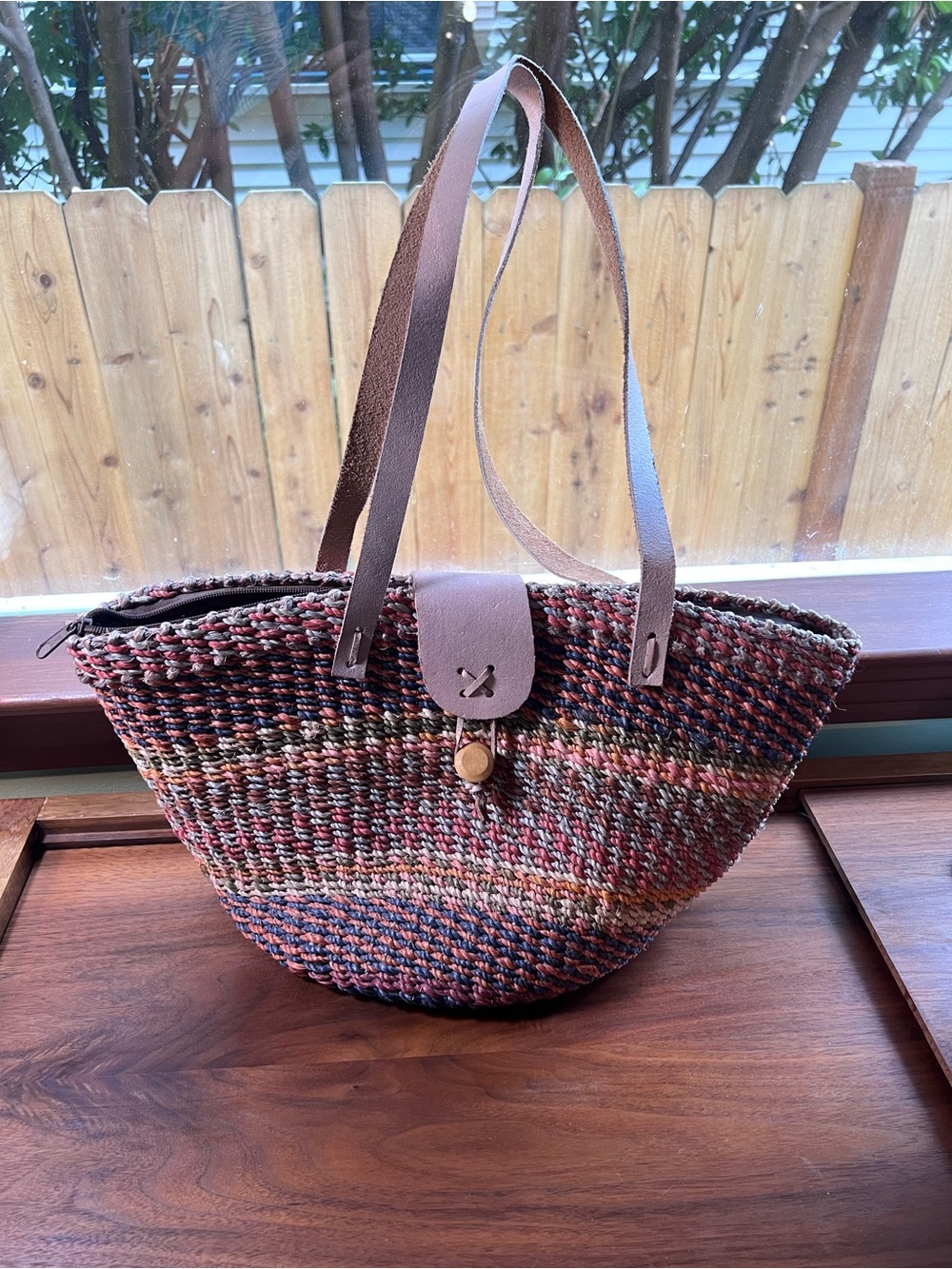 Woven Multicolor Boho African Straw or Sisal Basket Tote Bag w/ Leather Straps